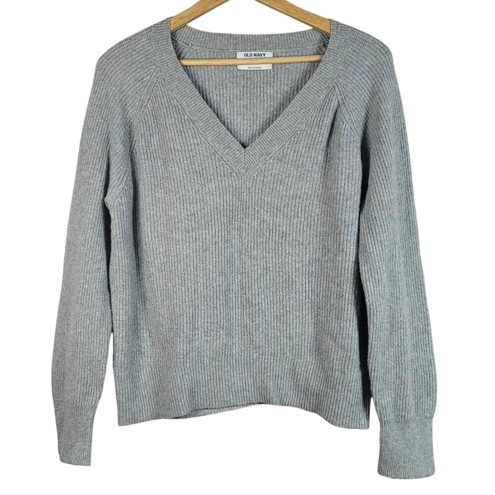 Old Navy Womens Pullover Sweater Gray Small Ribbed Soft Long Sleeve V Neck